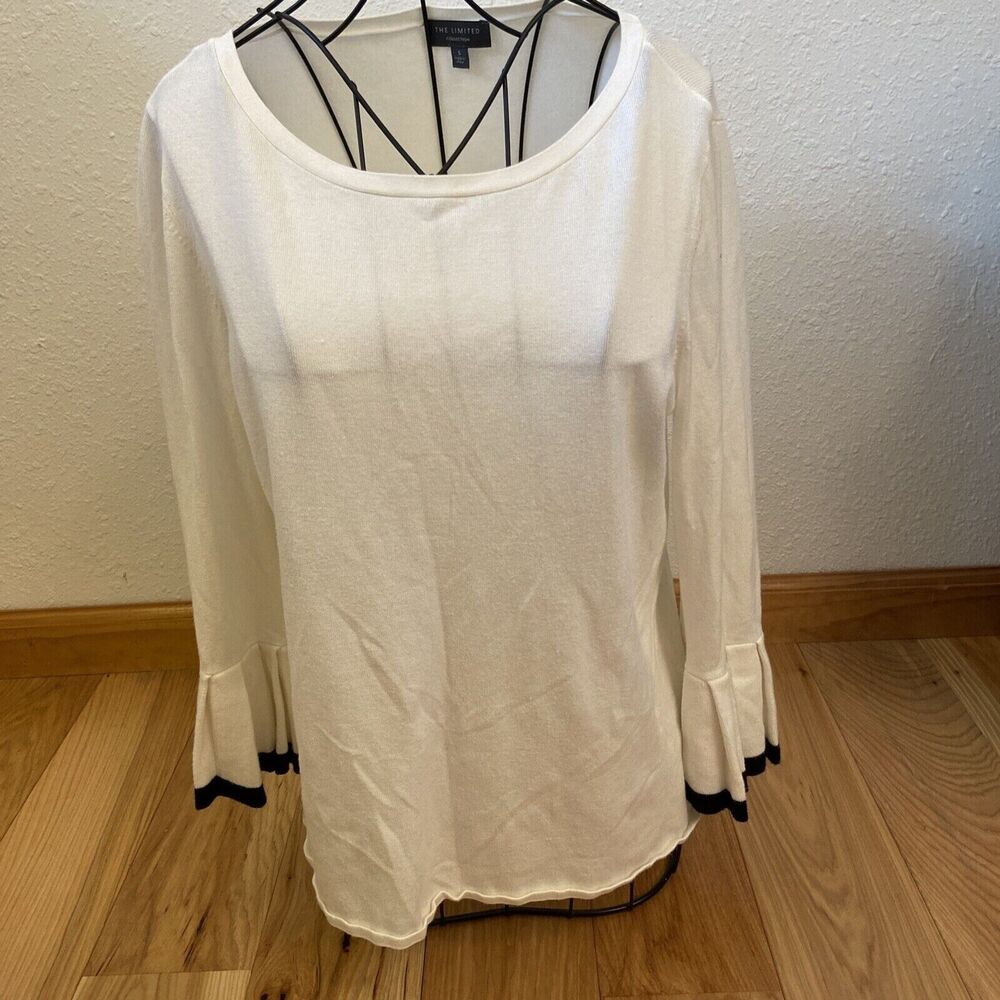 THE LIMITED S Marshmallow/Ruffled Bell Sleeve Black Trim Sweater
